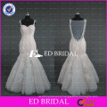 2017 ED Bridal Spaghetti Strap Beading Sheer Back Lace Appliqued Champagne Mermaid Wedding Dress
